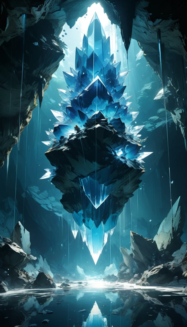 (by Yoji Shinkawa:1.2), (Crystal Cave), Glowing Crystal, Crystal Reflection, water, Ultra Wide Angle, Octane Rendering, Strengthen, Complex, (Highest quality, masterpiece, Representative works, Official Art, Professional, unity 8k wallpaper:1.3)