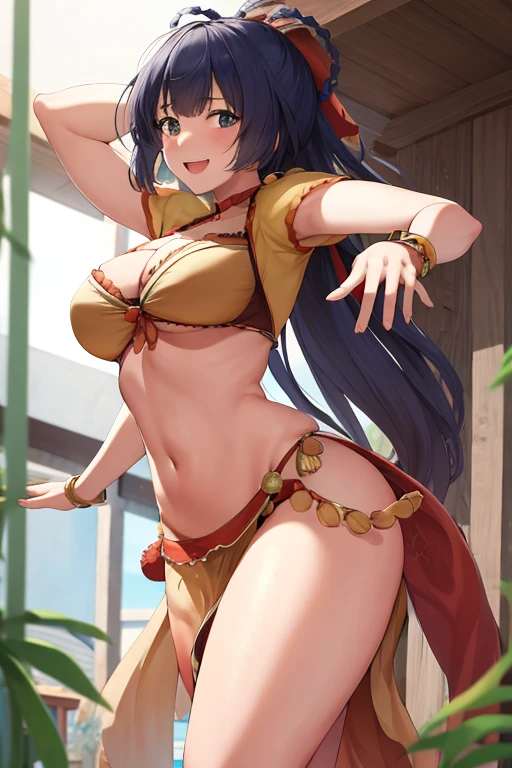 masterpiece, best quality, beautiful art, high resolution, well formed hands, body and fingers, 1 woman, solo, Xiangling, grown up, arabian belly dancer, adult, large and round breasted, (perfect hands and fingers:1.5) cleavage, hair ribbon, full body, sexy and skimpy outfit , gorgeous legs and thighs, fighting in a combat match, showing her fighting skills, making her guard, about to hit the viewer, looking at the viewer, sweating, bouncing breasts, smiling joyfully and brightly, being confident and proud, action and fighting scene, fighting cage on beach environment
