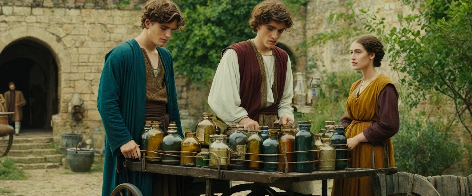 Year: 11th century. Location: Belgrade. Pre-raphaelite scene with a 20-year-old english man, physician, attending patients, outdoors, in front of a (cart) full of (potions and jars), ((((11th century plain tunic)))) ((11th century hairstyle)), (((cinematic style)))