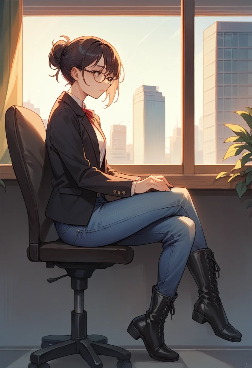 soft Asian girl wearing glasses and a black blazer, all-black blouse and jeans, black boots, sitting cross-legged, waiting in an office chair, looking out the window at the sunset in a city full of buildings