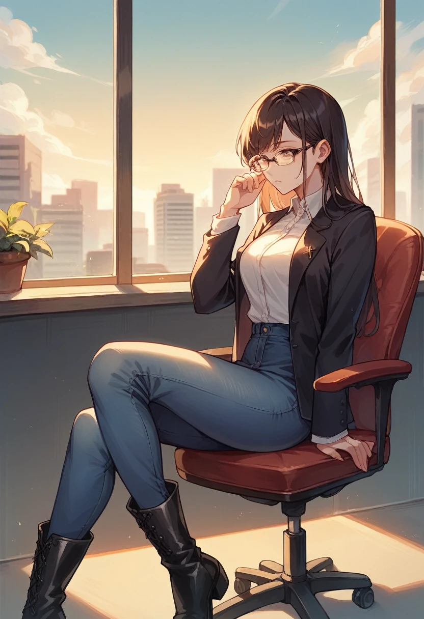 soft Asian girl wearing glasses and a black blazer, all-black blouse and jeans, black boots, sitting cross-legged, waiting in an office chair, looking out the window at the sunset in a city full of buildings