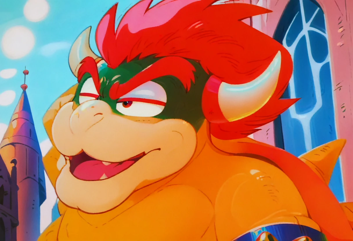 anime screencap,drgbls1, solo, Bowser, male,score_9, score_8_up, score_7_up, score_6_up.castle, upper body,smile,