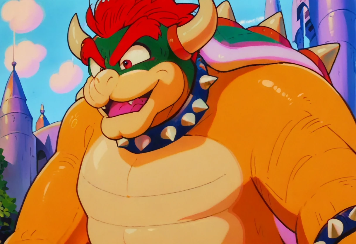 anime screencap,drgbls1, solo, Bowser, male,score_9, score_8_up, score_7_up, score_6_up.castle, upper body,smile,