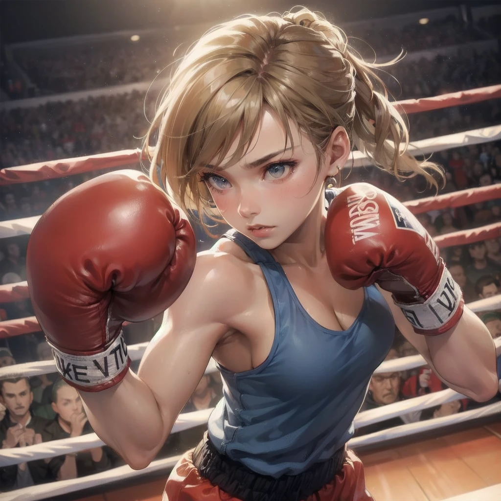 masterpiece, (textured skin), best quality, gorgeous beautiful girl, (a female boxing athlete), detailed clothes,large breasts,narrow waist,, (beautiful face), cinematic lighting, (at boxing venue ),