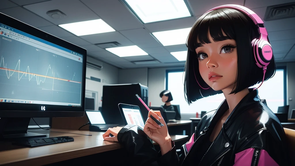 A very detailed beautiful woman, Perfect face,Black Hair, bob cut,Bangs, Gray eyes, Super detailed, Retro Wave , Wearing headphones, Studying in the room, Neon scenery on rainy day,Simulate color themes, Lo-fi hip-hop , Retrospective, flat, 2.5 days ,draw a line, The slope is great, amazing colors, Appearance tons, Synthwave, On the table, Amazing technology, 16:Scale 9