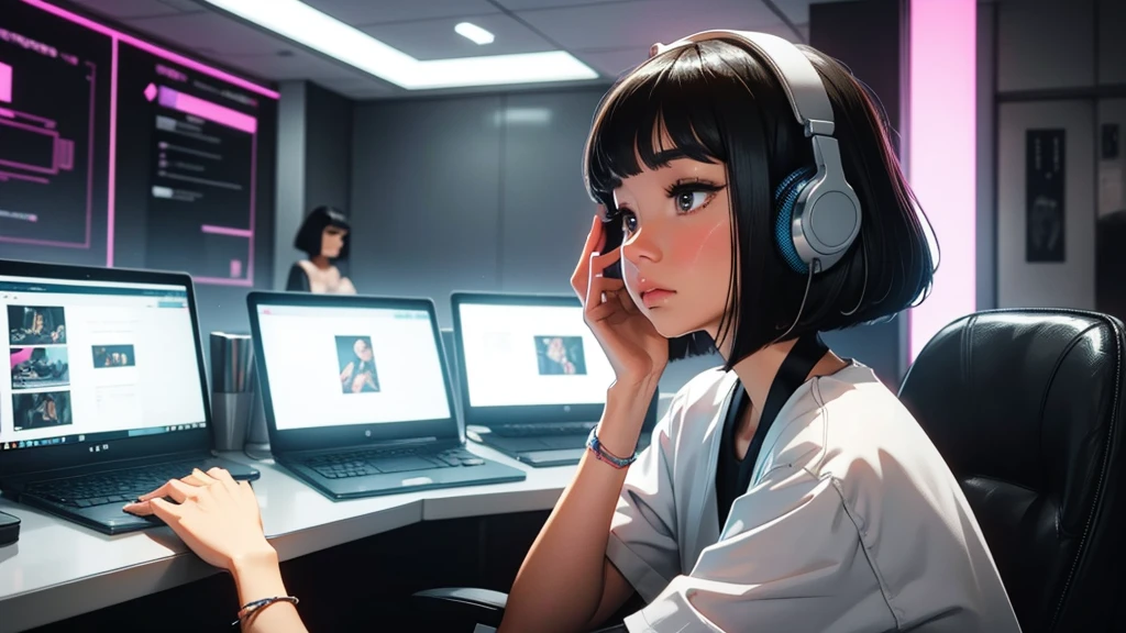 A very detailed beautiful woman, Perfect face,Black Hair, bob cut,Bangs, Gray eyes, Super detailed, Retro Wave , Wearing headphones, Studying in the room, Neon scenery on rainy day,Simulate color themes, Lo-fi hip-hop , Retrospective, flat, 2.5 days ,draw a line, The slope is great, amazing colors, Appearance tons, Synthwave, On the table, Amazing technology, 16:Scale 9
