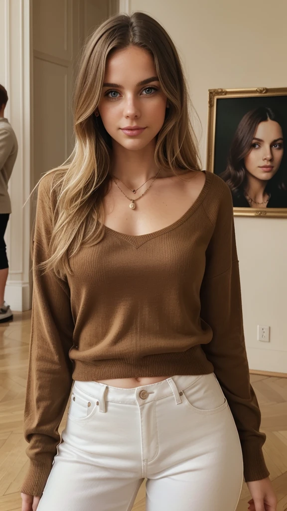1Girl 18 years old, nur, Lange Haare, midsize , Blick auf den Betrachter, blondes Haar, nackte Schultern, braune Augen, Schmuck, full entire body, Halskette, schulterfrei, pullover, lips, realistisch, Nase, Flirten mit der Kamera