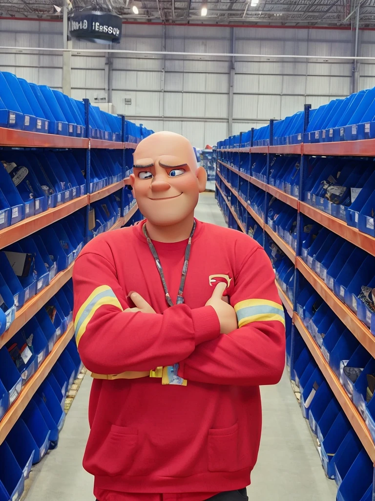 Disney pixar style man, baldie, no fur, red shirt, inside a warehouse, high qualiy, best qualityer.