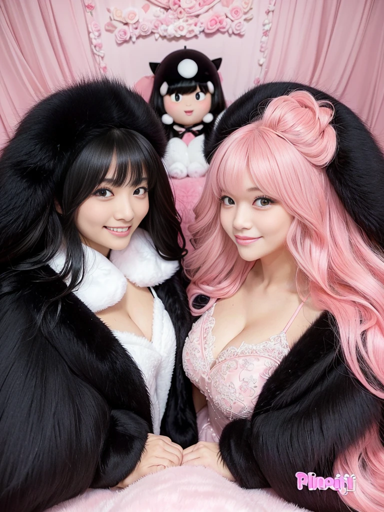 fluffyの毛皮。fluffy。((gorgeous))(smile)(((Pair of women、Pink feminine room、Beautiful black hair)))。((Wedding dress、Fluffy carpet、Black fur cape))。Fisheye Lens。