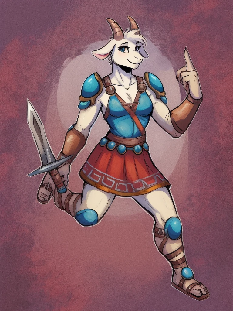 1girl, scalie, lizard_female, goat_ears, goat_girl, smile, solo, wearing  armor, gladiator flat sandals, gladiator skirt, humanoid feet, holding sword