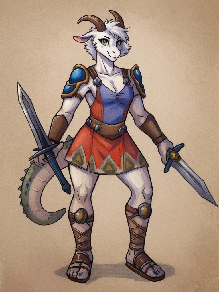 1girl, scalie, lizard_female, goat_ears, goat_girl, smile, solo, wearing armor, gladiator flat sandals, gladiator skirt, humanoid feet, holding sword