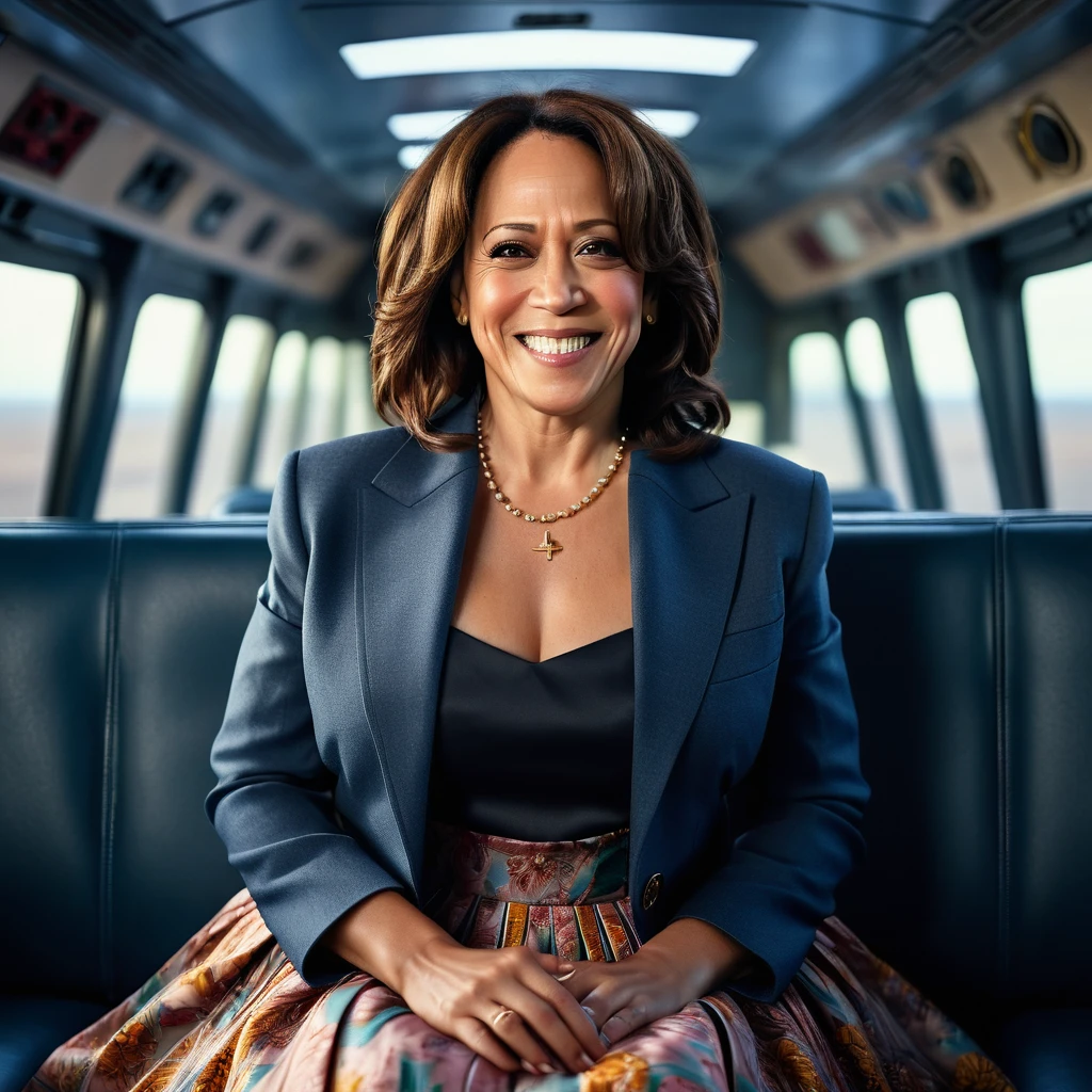 Insatiable Skirt lover and kind, shy woman Kamala Harris has Intense Orgasming love for her skirt, sitting and wearing (long pleated full circle skirt), uniform jacket and strapless low pump office shoes, (pronounced (feminine) features), (very windy), skirt is flowing wildly in the wind, inside a spaceship travelling through deep space, very, very intricate hyper-detailed symmetric (attractive graceful young feminine face) with (sad, tired eyes and a loving smile), very voluptuous breasts, full of empathy and compassion and love, (pronounced (feminine) features), (highly detailed ultra accurate realistic) hands and fingers, (windy), epic composition, highly detailed attributes, (35mm f1.4 Kodak portra 400 photograph), extremely high quality RAW photograph, highly detailed atmosphere, sci-fi, cinematic shot, dynamic lighting, 75mm, Technicolor, Panavision, cinemascope, sharp focus, fine details, 8k, HDR, realism, realistic, key visual, film still, superb cinematic color grading, depth of field