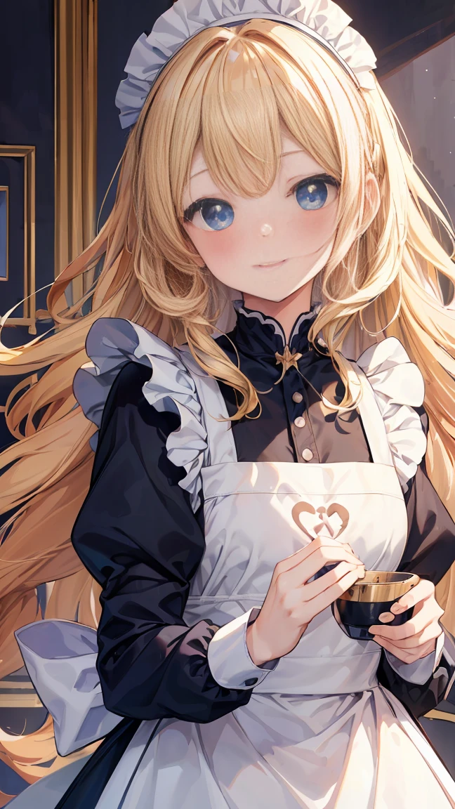 Very detailed、Highest quality、Best image quality、masterpiece、8K、Anime Face、A kind smile、Sparkling Blue Eyes、Long blonde curly hair、Heavy bangs、Wearing a maid's headband、(SFW Huge Body)、(((Rear View)))、Cowboy Shot、(Wearing a white T-back:1.5)、Muscles of the whole body、Kneel