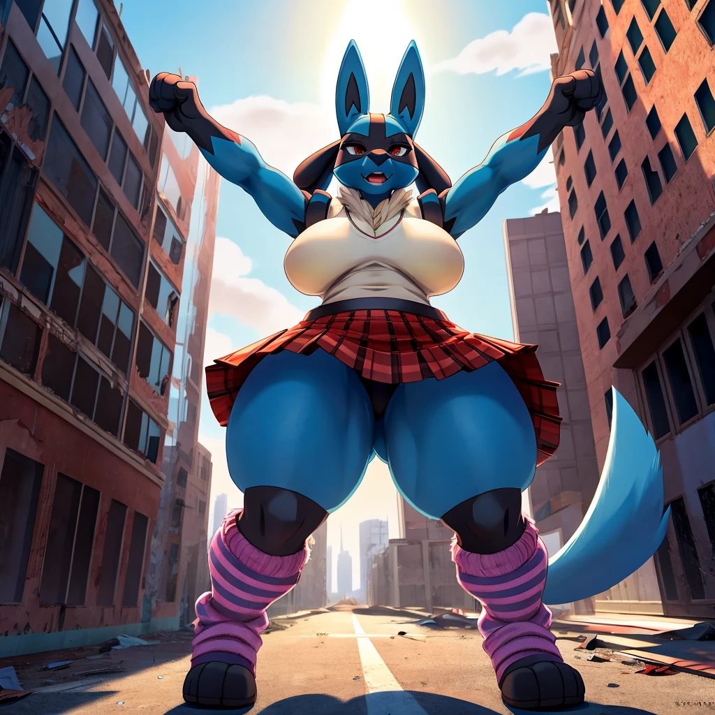 Lucario, , single person, wearing a little femboy top and skirt, thick-thighs,huge boobies,striped leg warmers, strong wind blowing up the skirt and top, holding down, front view up, standing on a skyscraper in an abandoned city