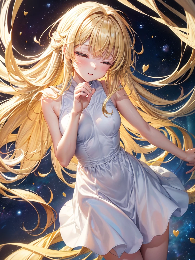 Highest quality,Highest Resolution,(((Embrace your heart with both hands)))(((Standing on top of the Earth)))Beautiful girl in a white one-piece dress,Kind Face,Light yellow medium long hair,(((universe))),front,whole body,Close ~ eyes,