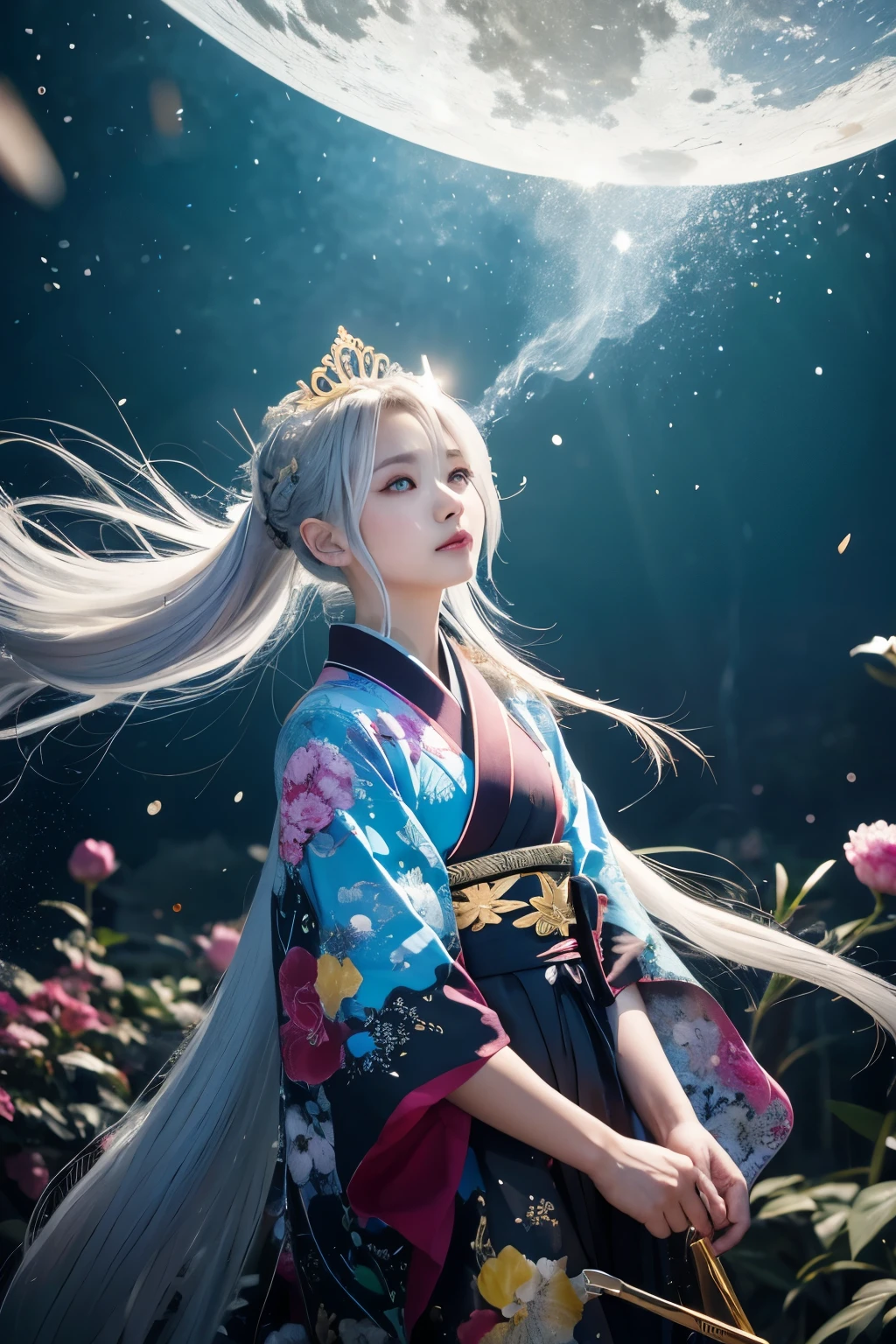 白銀の髪が風にDancing、A woman wearing a black kimono、A beautiful big round moon、A beautiful lake in the forest in the background、水滴がDancing、銀colorの髪飾りをしている、night、enamel,agate,肌colorの世界,ブラッドブルーメイデン 32k(masterpiece,Kilo,Aoyama Pond,Hyper HD,32k)Long, flowing silvery hair,Blood Pond,bloom, color,Sulky (Post Cock Scarf), Dancing, looking at the ground, Long white hair, Floating bright blue, Gold tiara with fire cloud pattern, 日本の着物の金絹の黒colorの衣服, (Abstract Metaverse Splash:1.2), White background,Peony flower, guardian of vitality(Realistically:1.4),明るい銀colorの髪,Smoke on the road,The background is pure, High resolution, detailed, RAW Photos, sharp, Nikon D850 film stock photo by Jefferies Lee 4 Kodak Portra 400 camera F1.6 shots, 豊かなcolor彩, Ultra-realistic vivid textures, Dramatic lighting, Unreal Engine Art Station Trends, Cinestia 800,A girl with long, flowing, bright silver hair,giant colorful bubbles、princess、kimono
