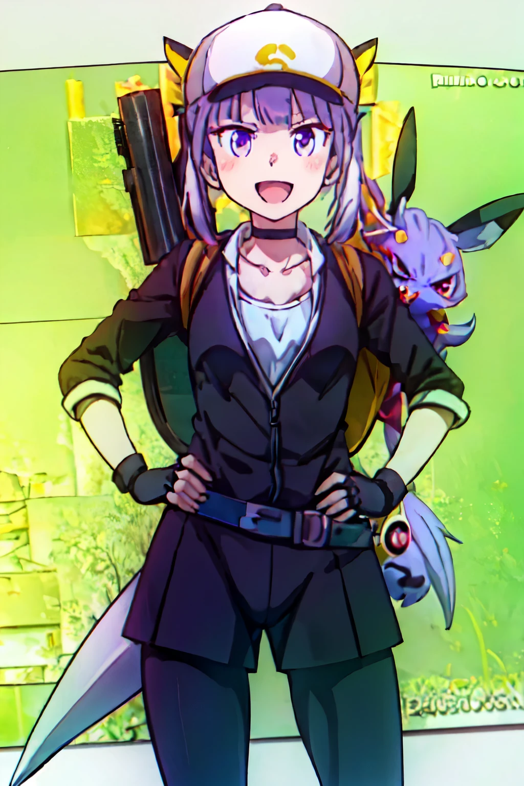(extremely detailed CG unity 8k wallpaper),(masterpiece),(best quality),(ultra-detailed),(best illustration),(best shadow),(absurdres),  Trainer, 1girl, female protagonist (pokemon go), breasts, poke ball, gloves, hat, fingerless gloves, purple hair, holding, ponytail, purple eyes, holding poke ball, pokemon (creature), baseball cap, cleavage, open mouth, belt, smile, choker, poke ball (basic), pikachu, long hair, bag, yellow background, leggings, simple background, backpack, on shoulder, cowboy shot, large breasts, hand on hip, looking at viewer, shorts, black gloves, pokemon on shoulder, collarbone, jacket, :d, Aoba suzukaze, 