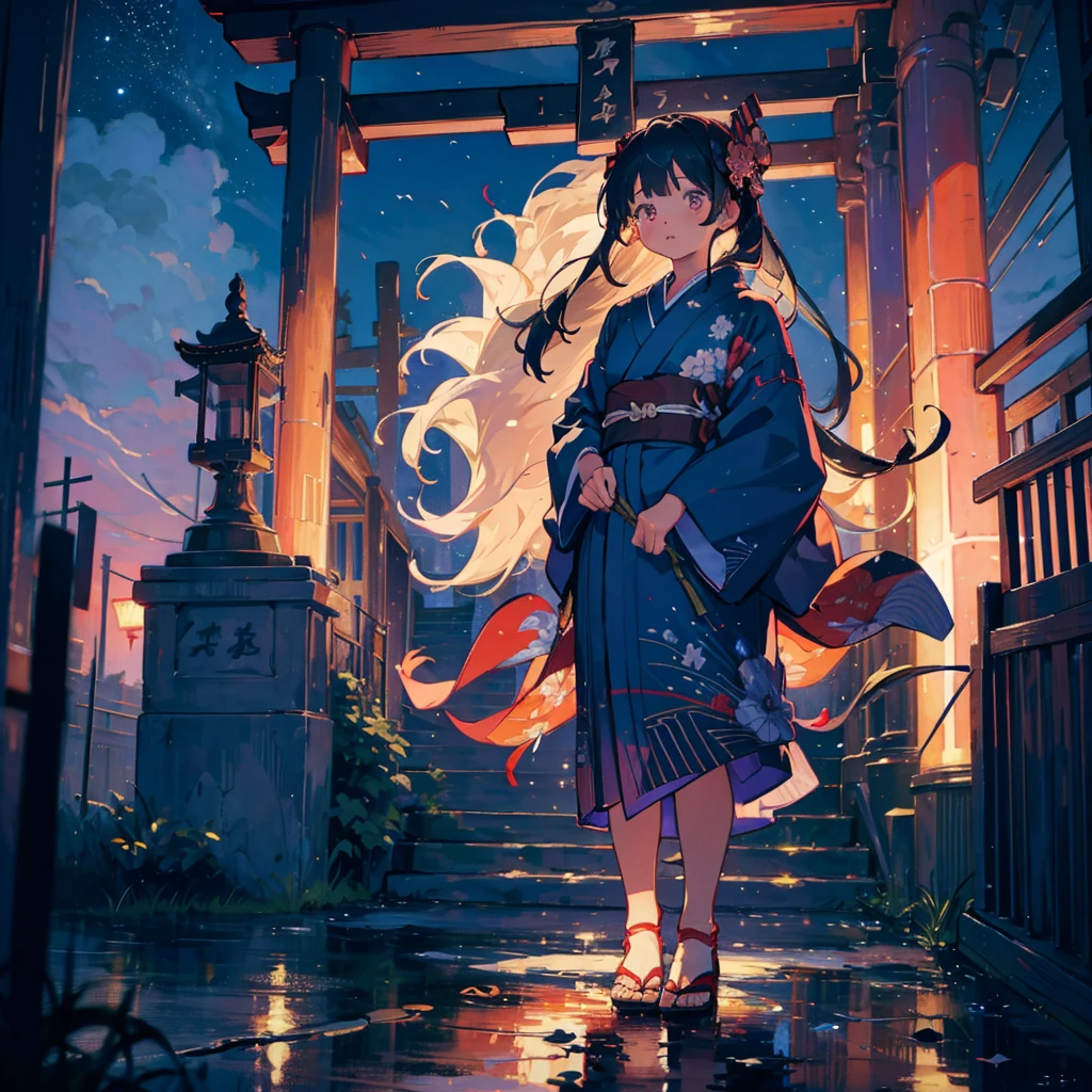 (masterpiece), (high resolution 8K), professional illustration, 1 girl, late teenage, standing, full body, dutch angle, japanese clothes, kimono, hair ornament, long hair, erotic expression, looking up, shrine, temple, torii, beautiful starry sky, natural lighting, high contrast, stunning face, symmetrical clear eyes, detailed eyes and face, detailed skin
