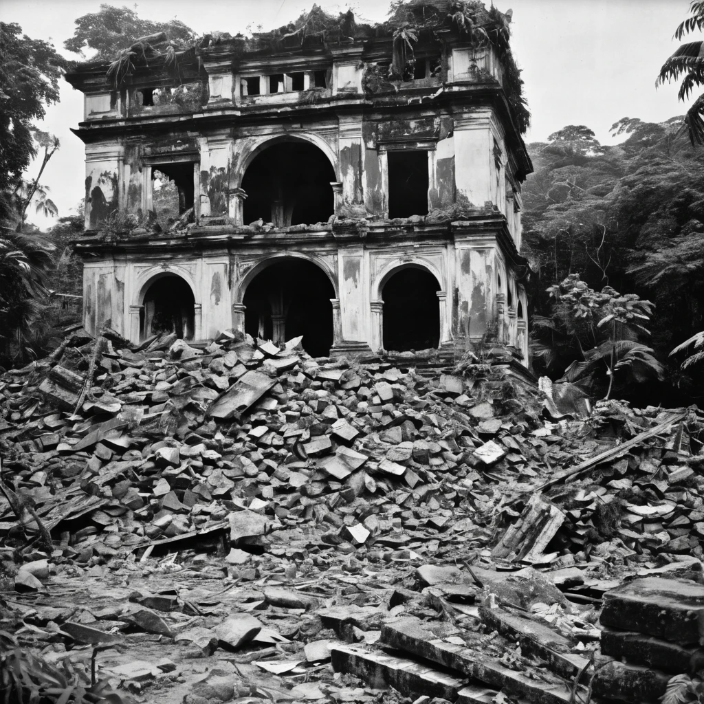 Very old photos, old-fashioned, Black and white photography, Dirty photos, jungle, Ruins of a large collapsed tower, Not distinct, Out of focus