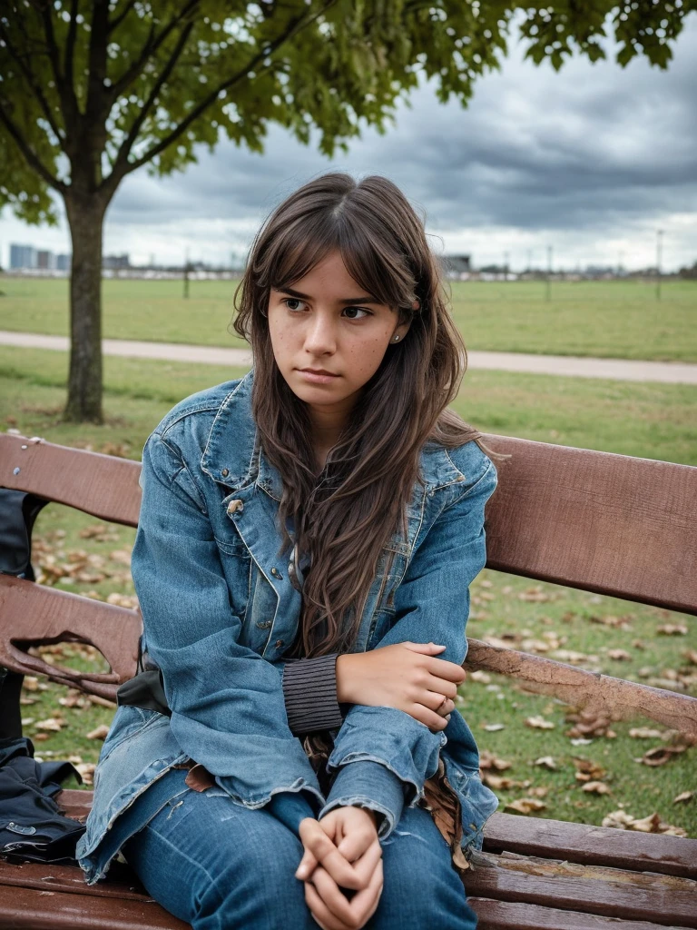 A young woman with a distant look, with messy hair and disheveled clothes, sits on a park bench. His expression mixes confusion and sadness, reflecting an internal struggle. The clasped hands suggest a search for stability amidst a whirlwind of thoughts and emotions. ao redor, Fallen leaves and a cloudy sky intensify the climate of uncertainty and introspection.