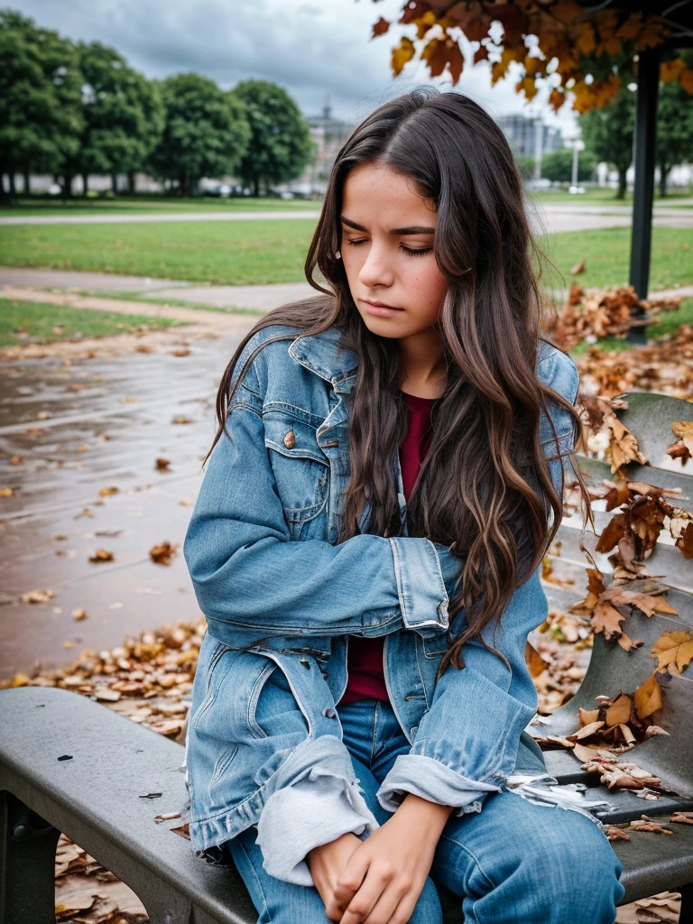 A young woman with a distant look, with messy hair and disheveled clothes, sits on a park bench. His expression mixes confusion and sadness, reflecting an internal struggle. The clasped hands suggest a search for stability amidst a whirlwind of thoughts and emotions. ao redor, Fallen leaves and a cloudy sky intensify the climate of uncertainty and introspection.