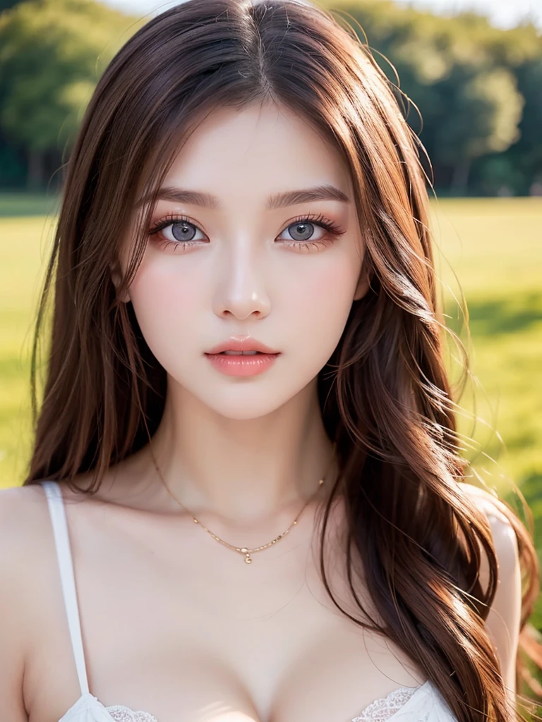 A Russian beauty、high quality、Highest quality、Well-proportioned face、Well-proportioned body、Lustrous lips、Beautiful white skin、Beautiful Eyes、Bewitching eyes、20-year-old、((Stylish clothing))、Beautifully shaped breasts、Long chestnut hair、Long eyelashes、Beautiful Landscape、
