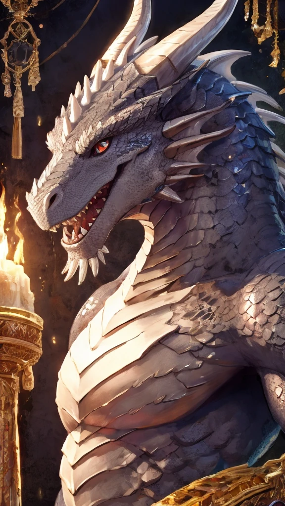 Dragon personification、Silvery scales、Bright expression、Long dragon whiskers、Live for 1000 years、Upper body naked