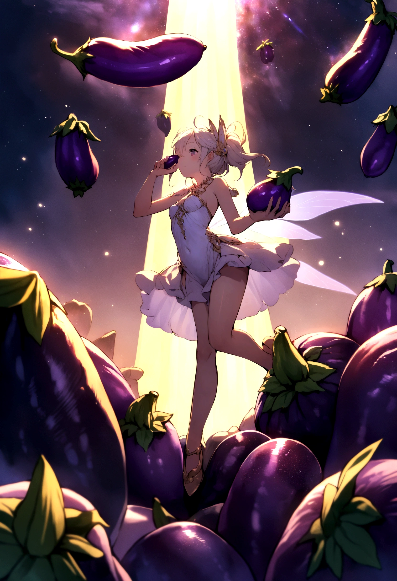 a  fairy flying over a pile of EggPlant, holding one EggPlant on her hand