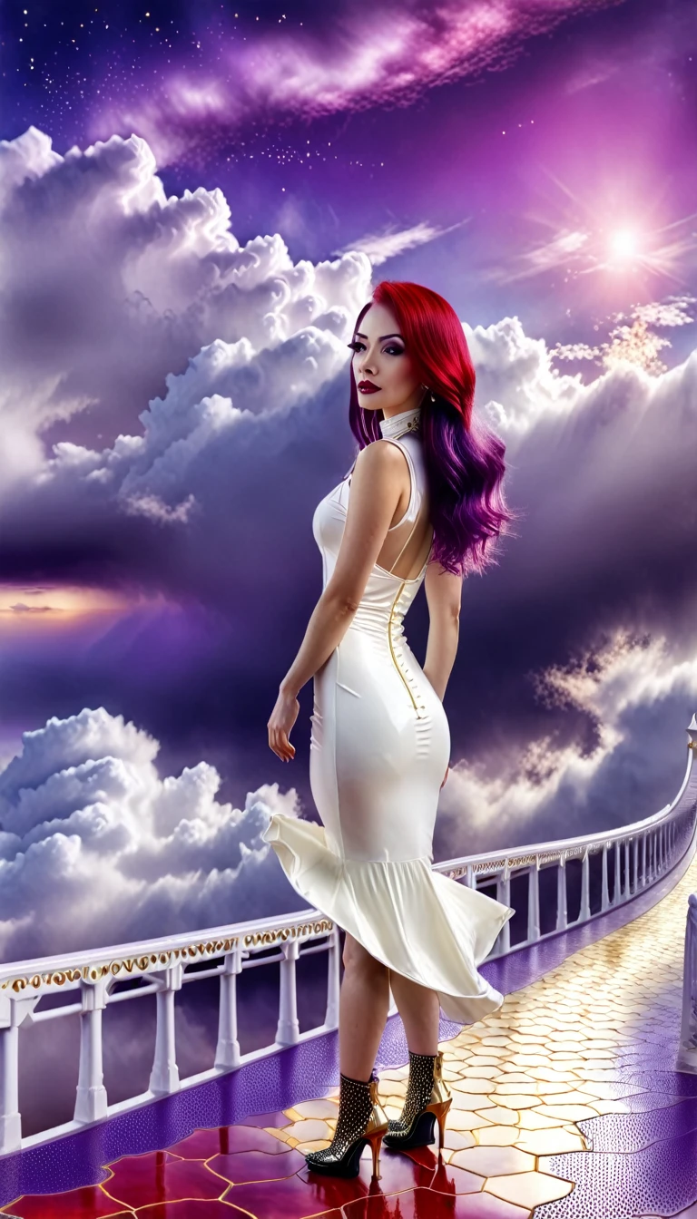 hdr, best image, 8k, photo 12;1, of A beautiful woman hdr photography, white latex dress, below the knee, long purple hair, 'black shoes', standing at 1; wide bridge of white ivory with GOLD, red tile floor, high, over the clouds, descending to the infinity of the universe, stars of the cosmos, universe, giant mountain, calm rain.