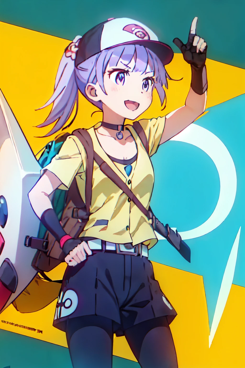 (extremely detailed CG unity 8k wallpaper),(masterpiece),(best quality),(ultra-detailed),(best illustration),(best shadow),(absurdres), Trainer, 1girl, female protagonist (pokemon go), breasts, poke ball, gloves, hat, fingerless gloves, purple hair, holding, ponytail, purple eyes, holding poke ball, pokemon (creature), baseball cap, cleavage, open mouth, belt, smile, choker, poke ball (basic), pikachu, long hair, bag, yellow background, leggings, simple background, backpack, on shoulder, cowboy shot, large breasts, hand on hip, looking at viewer, shorts, black gloves, pokemon on shoulder, collarbone, jacket, :d, Aoba suzukaze, hands at sides, Confident, throwing pokeball, Clefable, determined, 