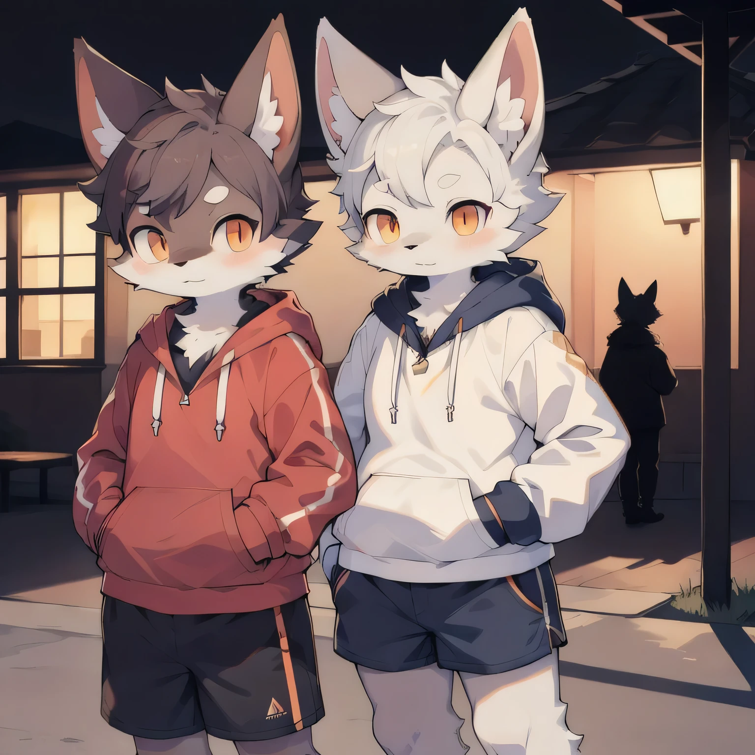 Shota,hairy,Lovely,charming,Navy blue fur,White ears,Orange eyes,hoodie,Grey shorts,Cold Light,night,Fantastic shadow light