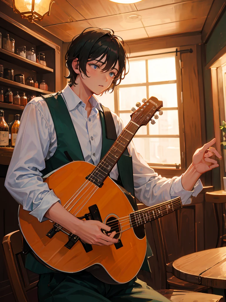 man playing guitar, in a tavern