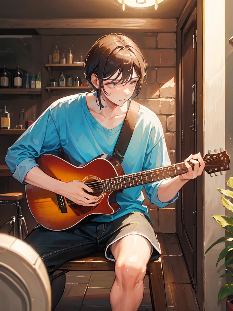 man playing guitar, in a tavern