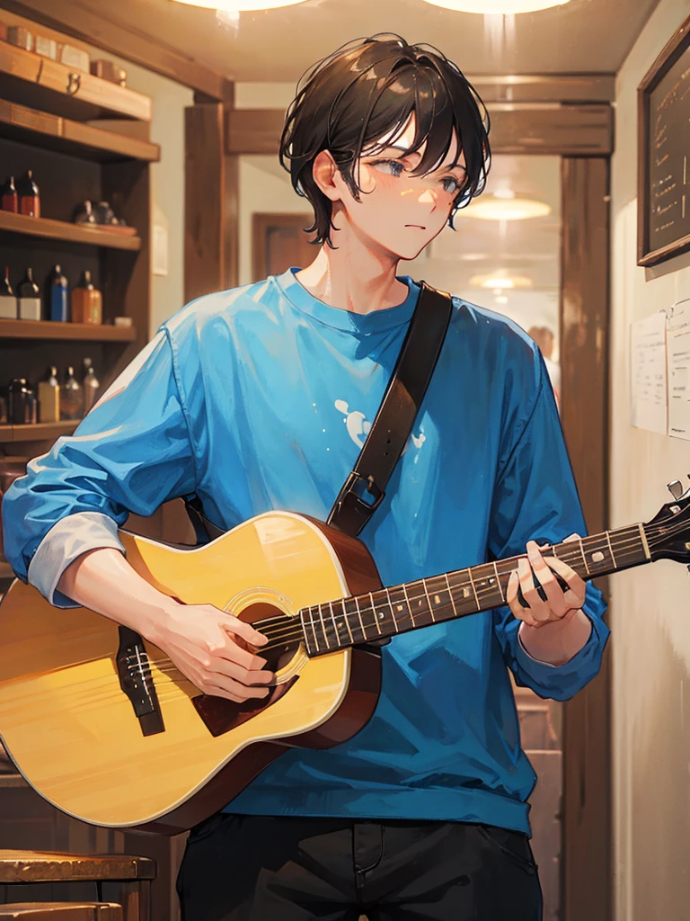 man playing guitar, in a tavern
