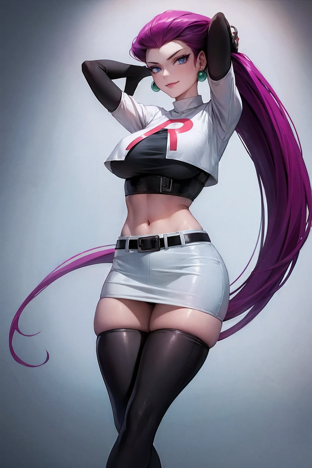 Masterpiece, stunning realistic, best quality, sharpness, 1 girl ,jessie pokemon, solo, team rocket, gloves, hair slicked back, long hair, jewelry, skirt, navel, thighhighs, earrings, elbow gloves, team rocket uniform, crop top, blue eyes, midriff, white background, belt, black gloves, very long hair, simple background, smile, black thighhighs, purple hair, looking at viewer, breasts, white skirt, miniskirt,large breasts,standing in a city,arms behind head