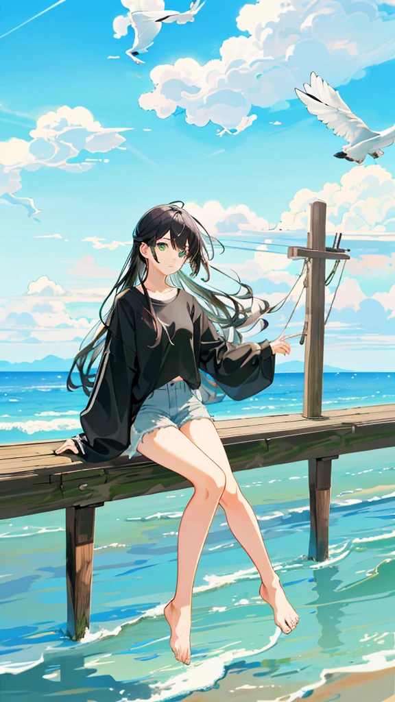 masterpiece, Exquisite detail,Highest quality, One girl, alone, handrail, cloud, 立ってNULLを見上げている,Long Hair, shoes, NULL, Long sleeve, sneakers, Power lines, White footwear, Black Hair, View your viewers, Electric pole, bangs, cloudy NULL, fish, bird, Green Eyes, Shorts, animal, Day, Black Shirt, barefoot