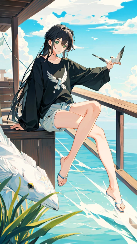 masterpiece, Exquisite detail,Highest quality, One girl, alone, handrail, cloud, 立ってNULLを見上げている,Long Hair, shoes, NULL, Long sleeve, sneakers, Power lines, White footwear, Black Hair, View your viewers, Electric pole, bangs, cloudy NULL, fish, bird, Green Eyes, Shorts, animal, Day, Black Shirt, barefoot