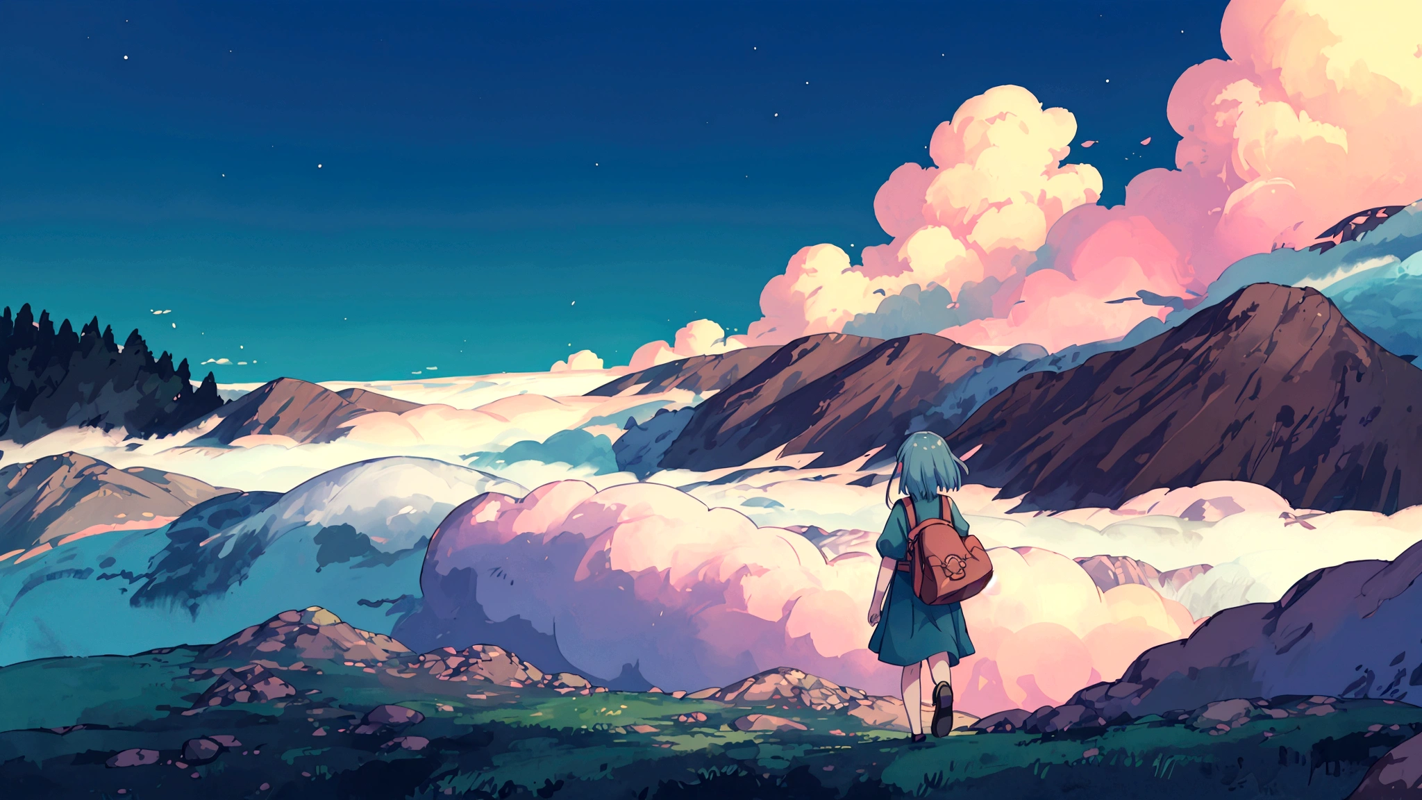 An anime-style image of a young woman journeying through a vast, mysterious world. She is shown walking with a determined expression, carrying a bag and looking out at the endless roads ahead. The background includes diverse landscapes such as mountains, forests, and open skies, depicted with soft, pastel colors to create a dreamy and adventurous mood. The scene captures the essence of adventure, hope, and the excitement of new discoveries. The image should be in a 16:9 aspect ratio.A vast world