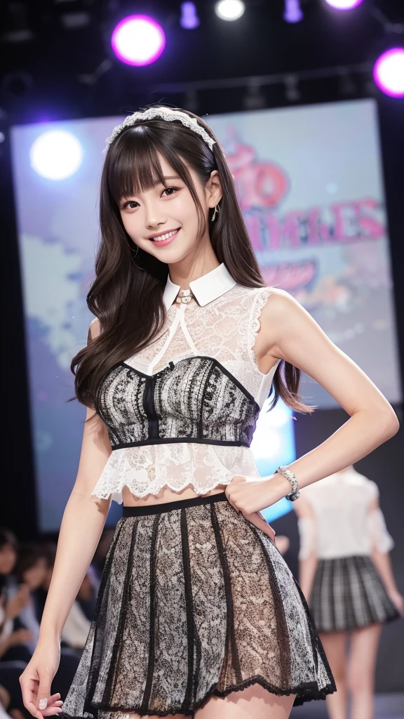 Amazingly large eyes、Smiling expression with white teeth visible、H cup bust、50cm waist、Slender and fair-skinned、Japan woman with long hair、20-year-old、Slim figure、Wearing a pleated skirt and a sheer lace blouse that flutters in the vivid breeze、Wearing high heels。On the runway at a fashion show、Her whole body was shown, from her high heels to her head, as she walked towards the viewer.、Bright, photo-quality images。