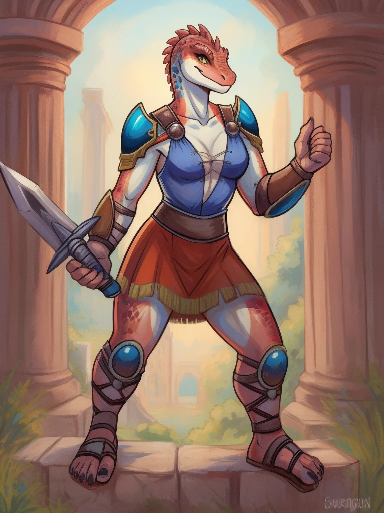 1girl, scalie, lizard_female, lizard_girl, smile, solo, wearing armor, gladiator flat sandals, gladiator skirt, humanoid feet, holding sword