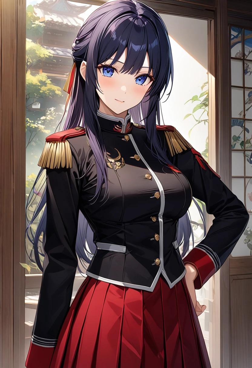 Highest quality、unity 8k wallpaper、32k、masterpiece、Very detailed、Ultra-high resolution、Very detailedな顔、RAW Photos、Professional、Ultra-fine painting、High-quality metal texture、High quality fabric、Ryuzoji Akane、Hands on hips、Black Uniform、Red pleated skirt、