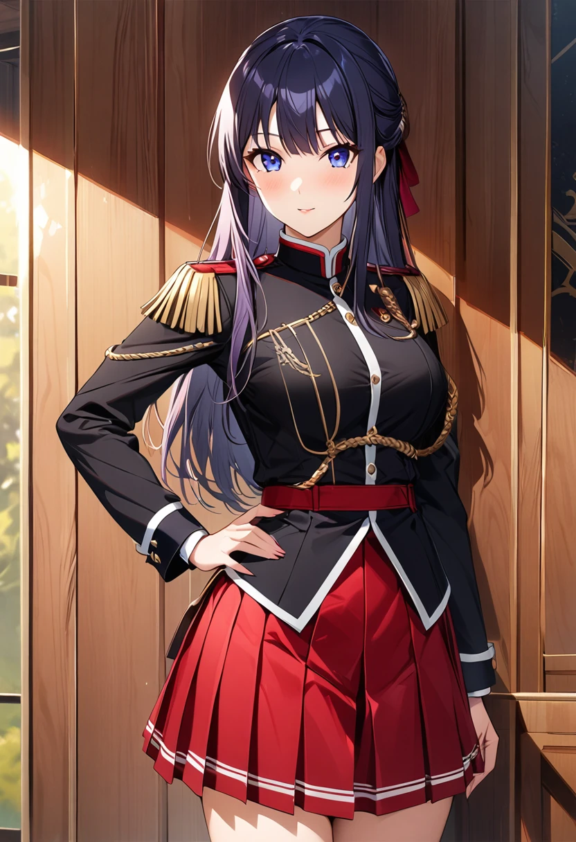 Highest quality、unity 8k wallpaper、32k、masterpiece、Very detailed、Ultra-high resolution、Very detailedな顔、RAW Photos、Professional、Ultra-fine painting、High-quality metal texture、High quality fabric、Ryuzoji Akane、Hands on hips、Black Uniform、Red pleated skirt、
