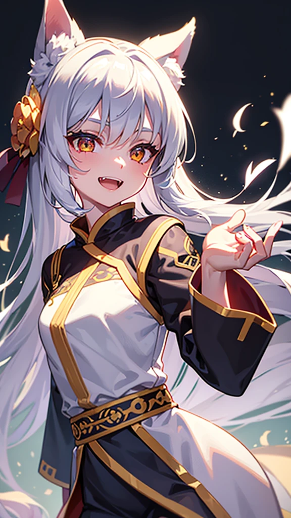 1girl, solo, young girl, silver hair, golden eyes, fox ears, fox girl, angel wings, hanfu, silk, long sleeves, flower hair accessory, open mouth, smile, fangs, look at the audience, silent echo