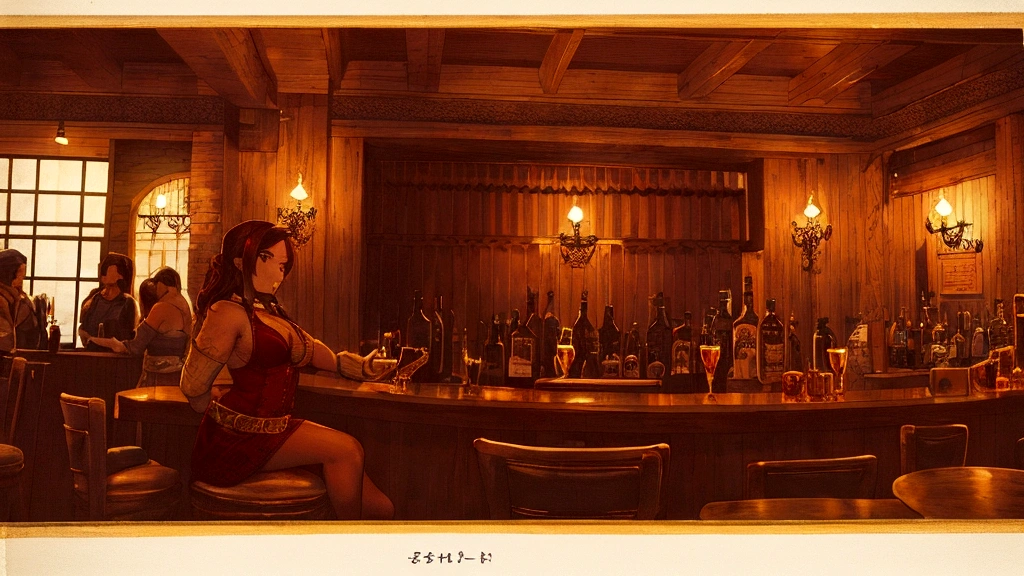 a cozy empty tavern, bartender, (wide side view:1.2), warm color palette, ornate bar counter, inviting atmosphere