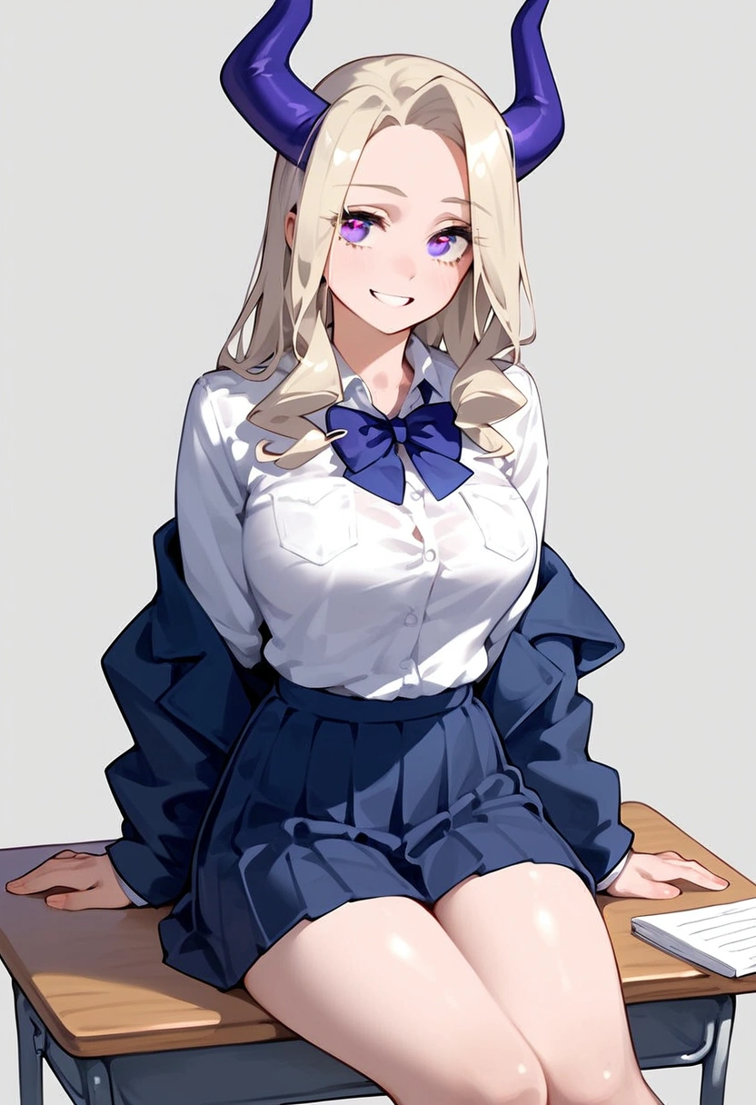 anime artwork, score_9, score_8_up, score_7_up, score_6_up, score_5_up, score_4_up, Mount Lady, blonde hair, purple eyes, big breasts, she is 24 years old, style_3, , , , grey background, (school outfit:1.2) ,, , solo, smile, sit on desk