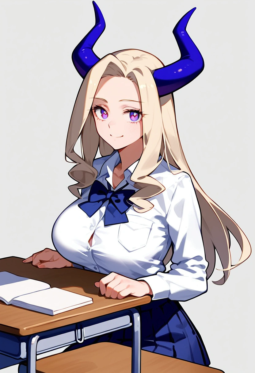 anime artwork, score_9, score_8_up, score_7_up, score_6_up, score_5_up, score_4_up, Mount Lady, blonde hair, purple eyes, big breasts, she is 24 years old, style_3, , , , grey background, (school outfit:1.2) ,, , solo, smile, sit on desk