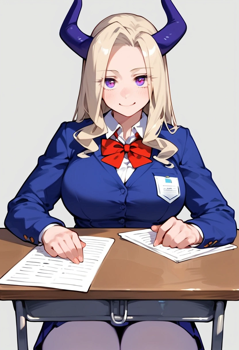anime artwork, score_9, score_8_up, score_7_up, score_6_up, score_5_up, score_4_up, Mount Lady, blonde hair, purple eyes, big breasts, she is 24 years old, style_3, , , , grey background, (school outfit:1.2) ,, , solo, smile, sit on desk