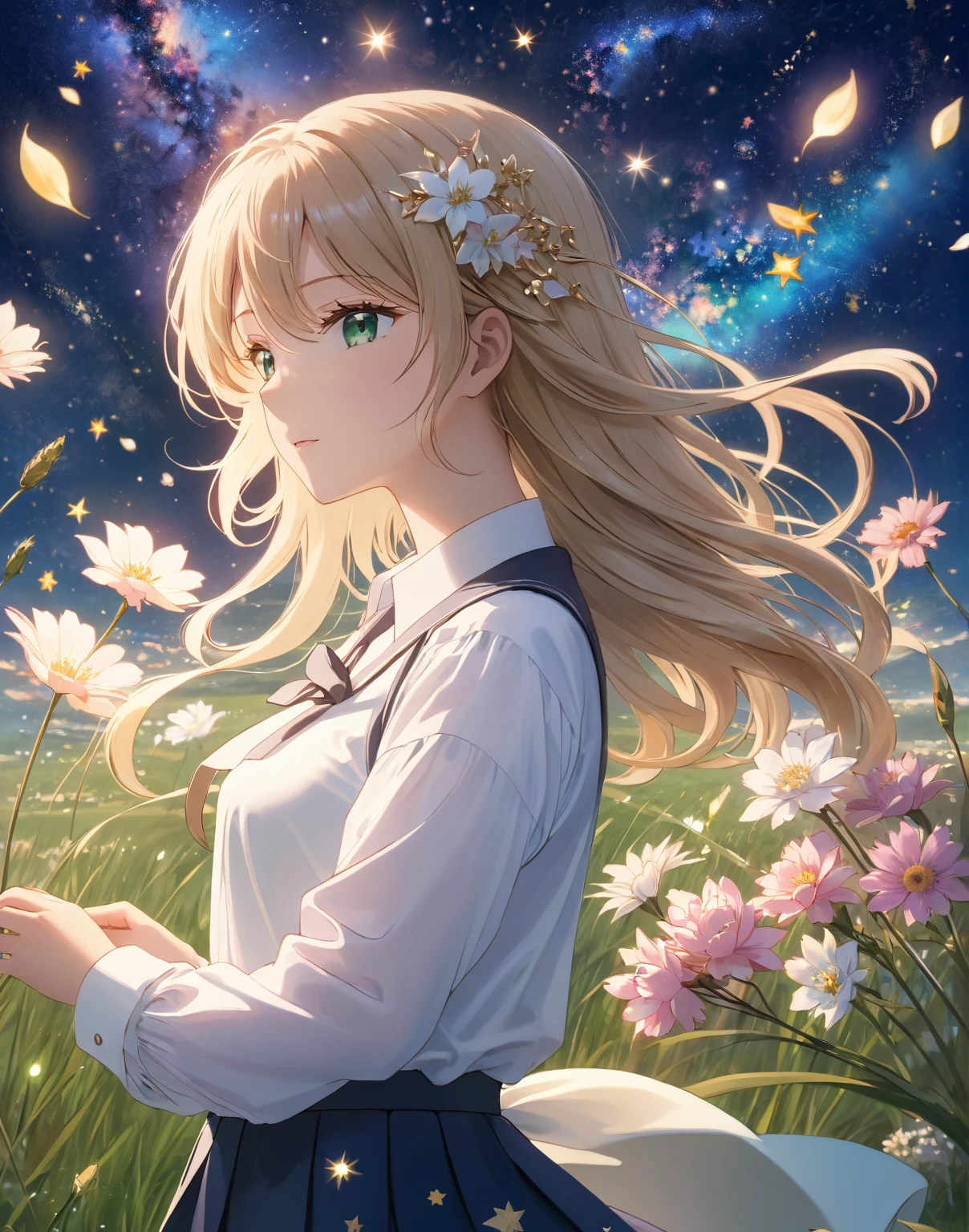 超detailedなイラスト:1.2),Very delicate and beautiful,非常にdetailed,CG,Unity,8k wallpaper,wonderful,detailed,masterpiece,The best quality in the best condition,Official Art,非常にdetailed CG 8k Unbelievably ridiculous resolution,Beautiful and exquisite,High resolution,非常にdetailedな目と顔,1 Girl, Crafting, Starry Sky. sf. grassland. petal.
White shirt, skirt, Wind.
超detailed, Highest quality.