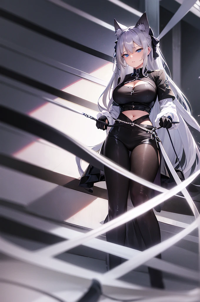 silver hair, blue eyes, cat ears, navel, cleavage, neat black uniform, long straight hair, sleepy expression, very large breasts, slightly approximate, leash