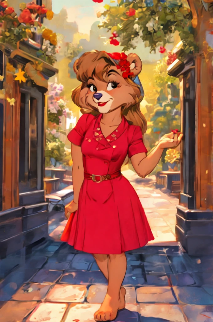 fashionable 60s young lady bear, red_dress, girlfriend, wife, cute pose, Art by Robert McGinnis